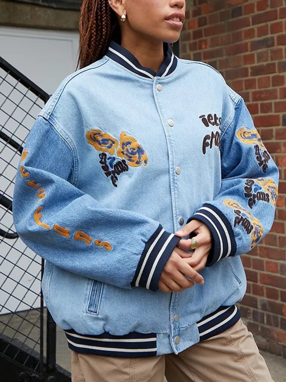 iets frans Blue Denim Embroidered Varsity Jacket